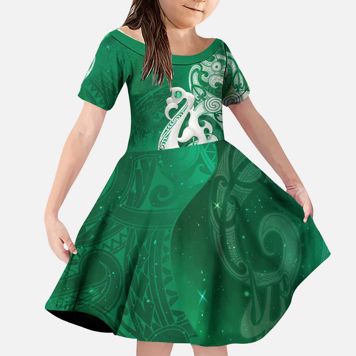 New Zealand Matariki Kid Short Sleeve Dress Maori Manaia Galaxy Silver Fern Green Color LT22 KID Green - Polynesian Pride