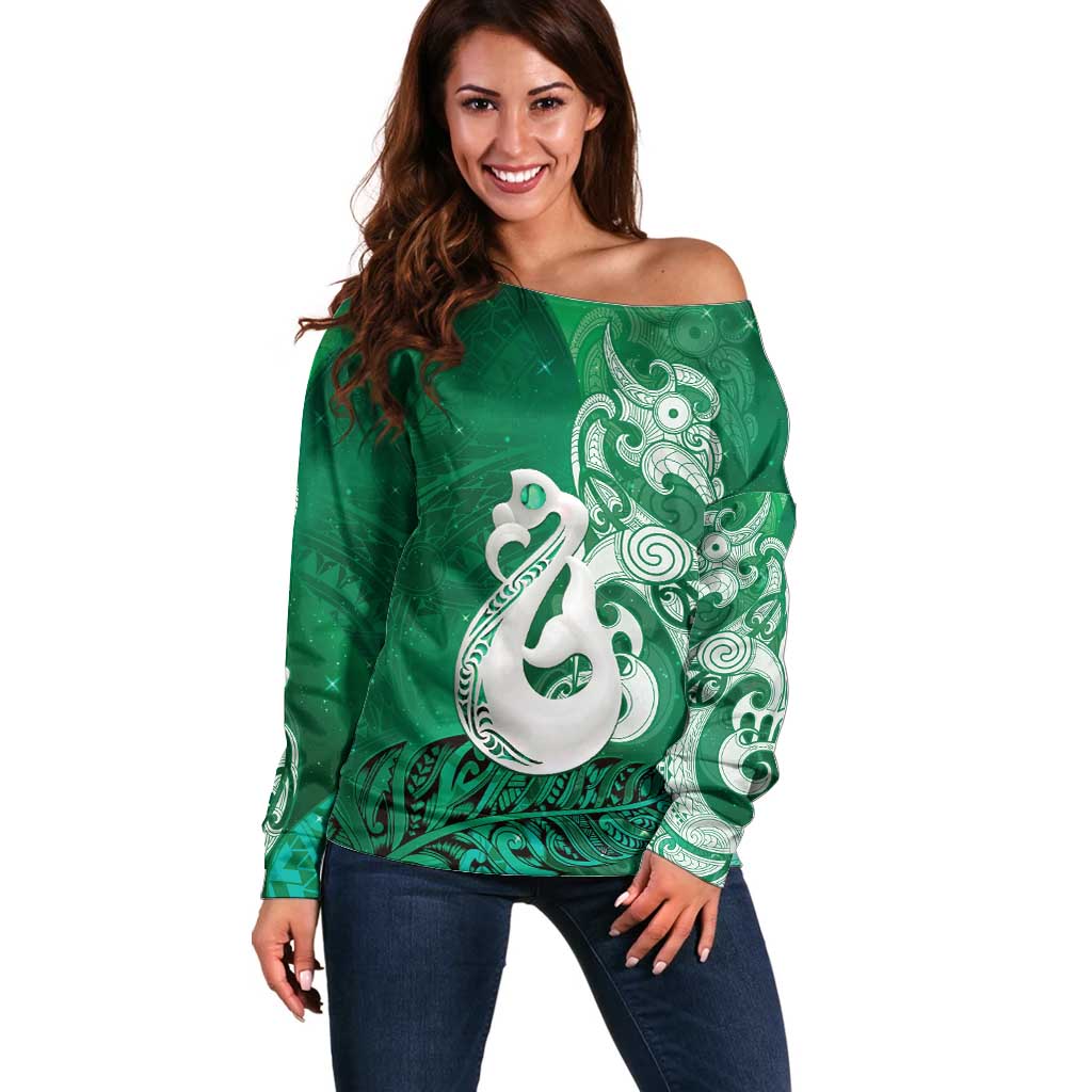New Zealand Matariki Off Shoulder Sweater Maori Manaia Galaxy Silver Fern Green Color LT22 Women Green - Polynesian Pride
