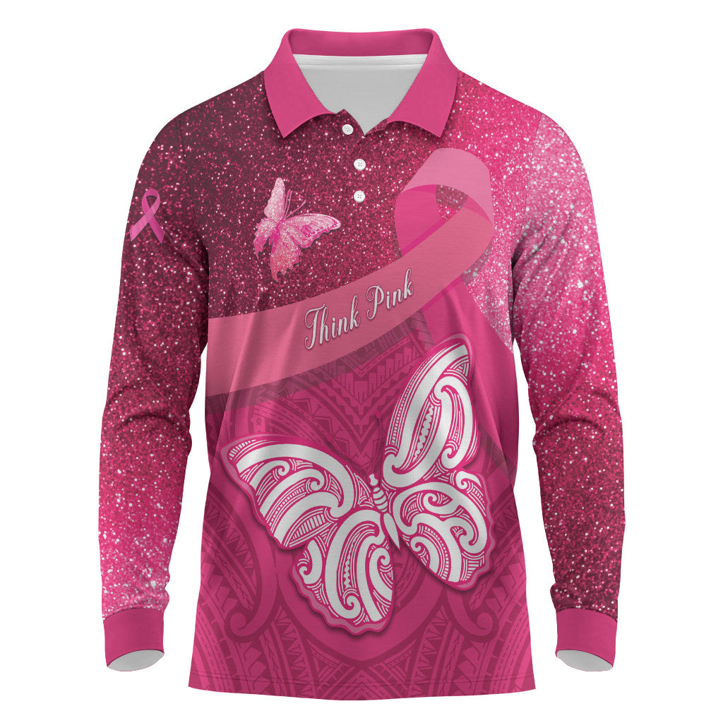 New Zealand Breast Cancer Awareness Long Sleeve Polo Shirt Pink Ribbon Butterfly Maori Pattern LT22 Pink - Polynesian Pride
