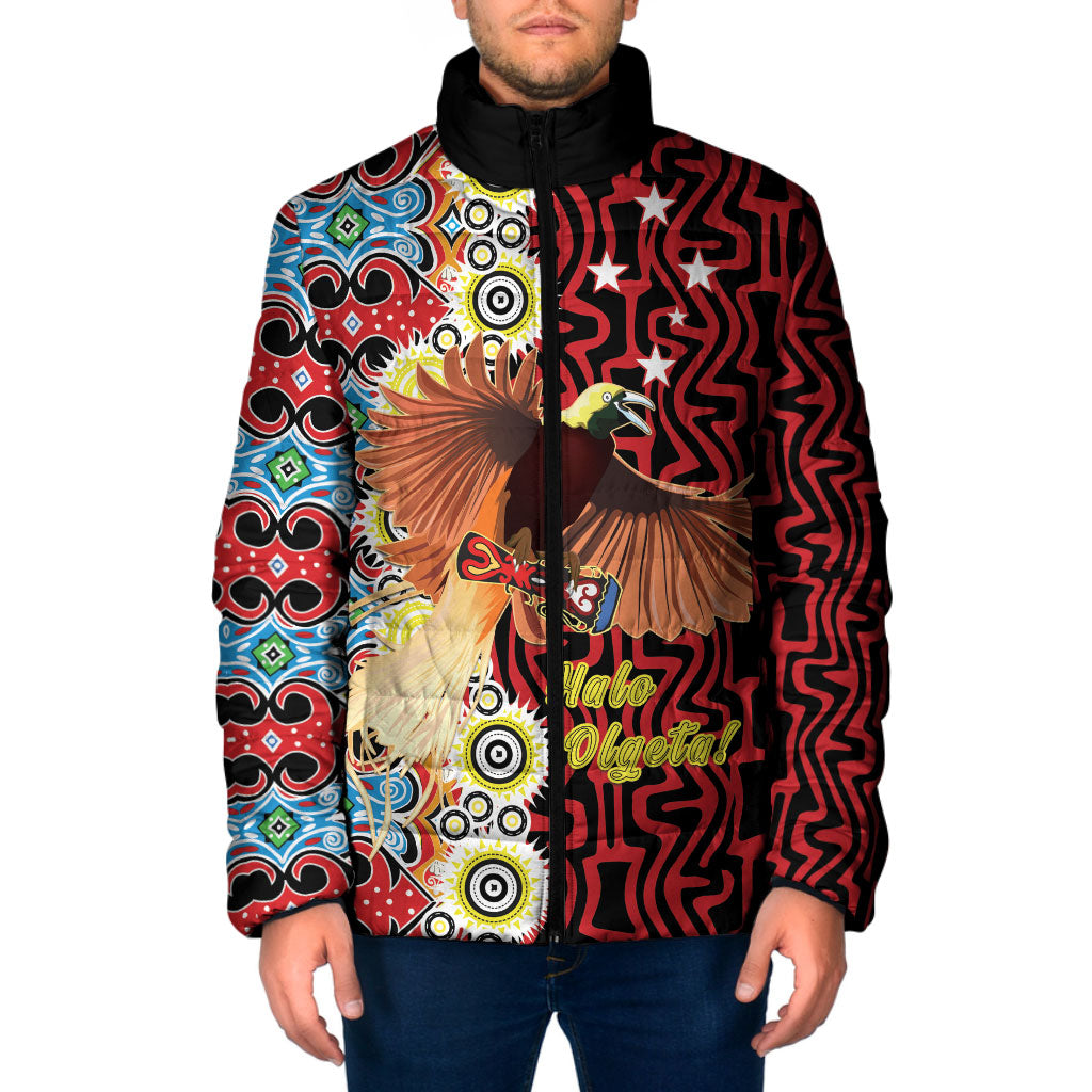 Personalised Papua New Guinea Pidgin Language Week Padded Jacket Halo Olgeta Tok Pisin Wik Bird Of Paradise Oro Batik LT22 Men Red - Polynesian Pride
