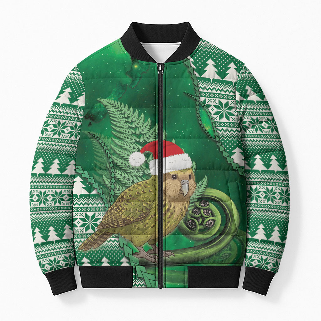 New Zealand Kakapo Christmas In July Bomber Puffer Jacket Silver Fern Santa Xmas Green Color LT22 Unisex Green - Polynesian Pride