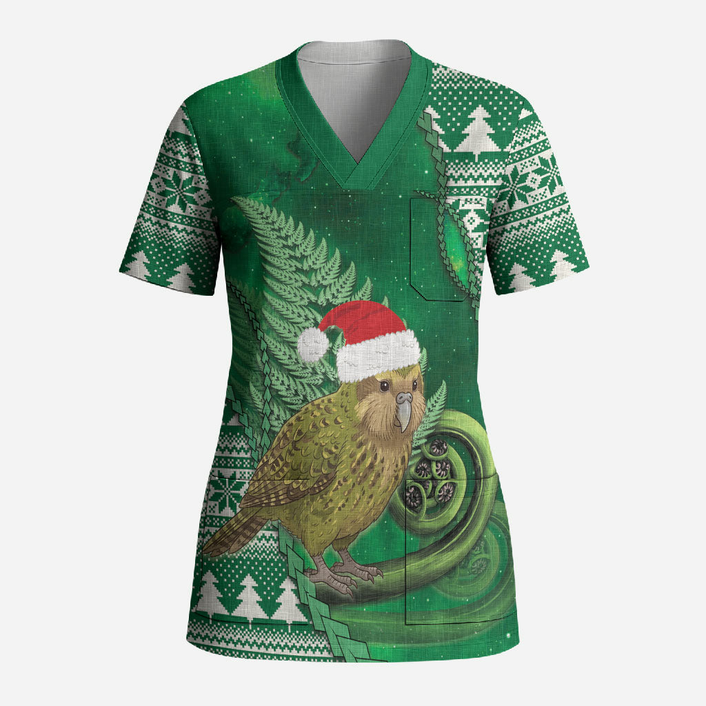 New Zealand Kakapo Christmas In July Scrub Top Silver Fern Santa Xmas Green Color LT22 Adult Green - Polynesian Pride