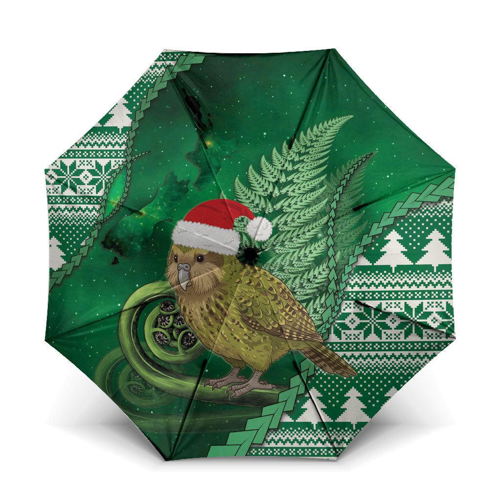 New Zealand Kakapo Christmas In July Umbrella Silver Fern Santa Xmas Green Color LT22 One Size Folded 11.42 inch Opened Diameter 37.4 inch Green - Polynesian Pride