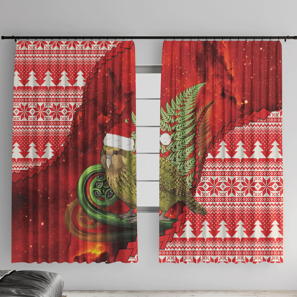 New Zealand Kakapo Christmas In July Window Curtain Silver Fern Santa Xmas Red Color LT22 With Hooks Red - Polynesian Pride
