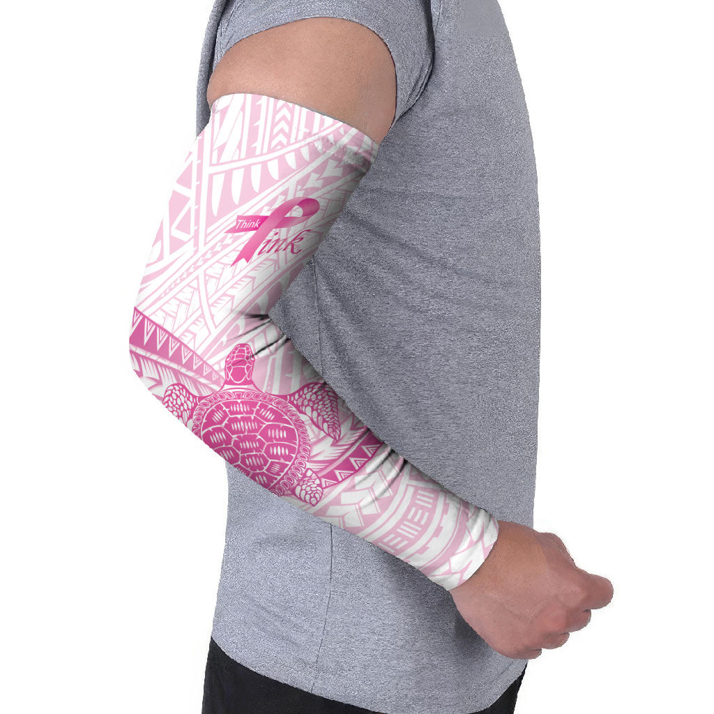 Breast Cancer Awareness Personalised Arm Sleeves Pink Ribbon Turtle Polynesian Pattern White LT22 - Polynesian Pride