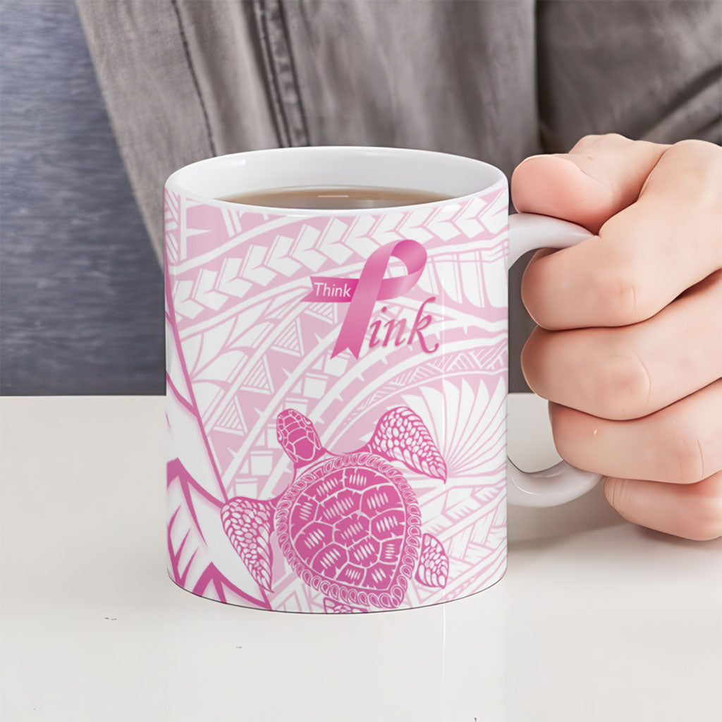 Breast Cancer Awareness Personalised Ceramic Mug Pink Ribbon Turtle Polynesian Pattern White LT22 - Polynesian Pride
