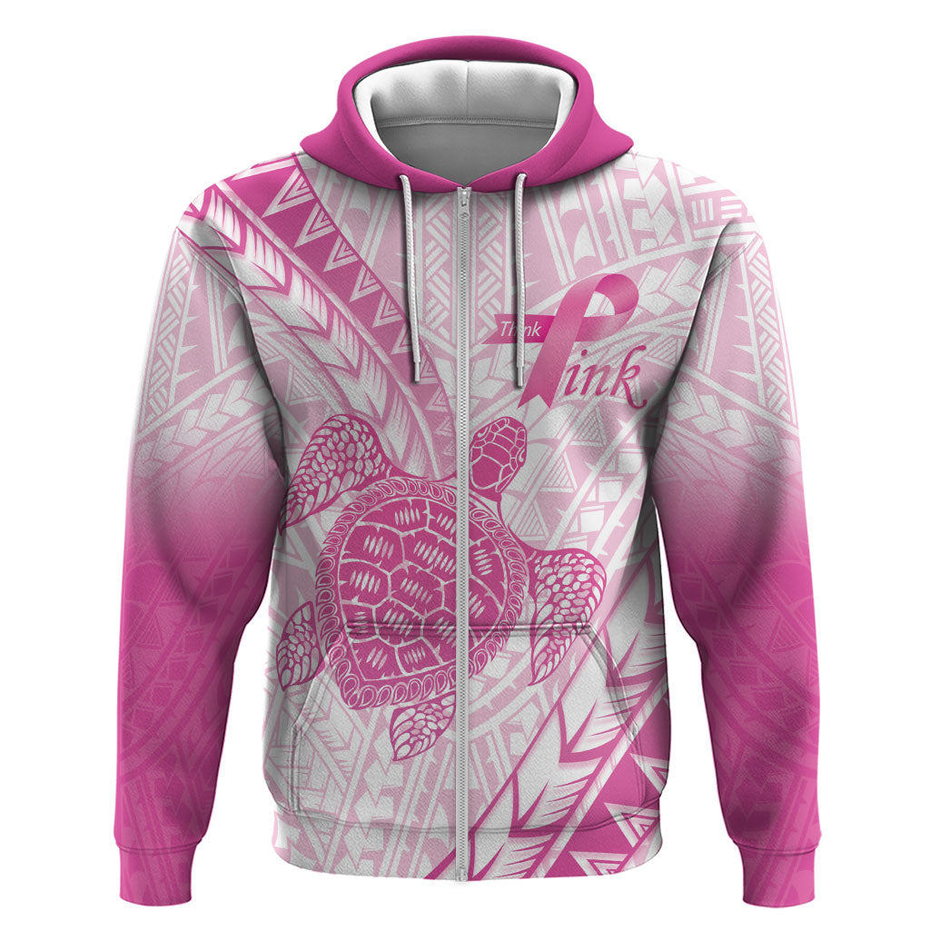 Breast Cancer Awareness Personalised Hoodie Pink Ribbon Turtle Polynesian Pattern White LT22 Zip Hoodie Pink - Polynesian Pride
