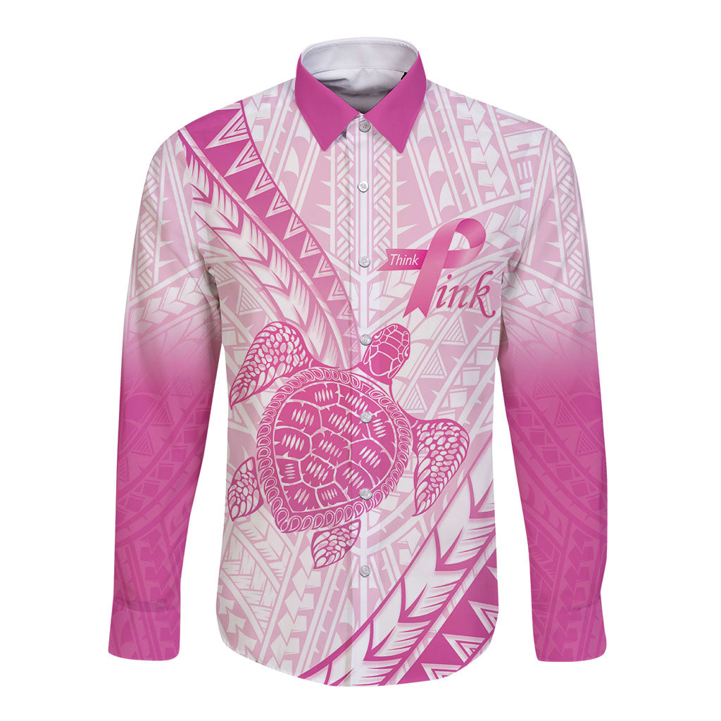 Breast Cancer Awareness Personalised Long Sleeve Button Shirt Pink Ribbon Turtle Polynesian Pattern White LT22 Unisex Pink - Polynesian Pride