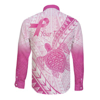 Breast Cancer Awareness Personalised Long Sleeve Button Shirt Pink Ribbon Turtle Polynesian Pattern White LT22 - Polynesian Pride