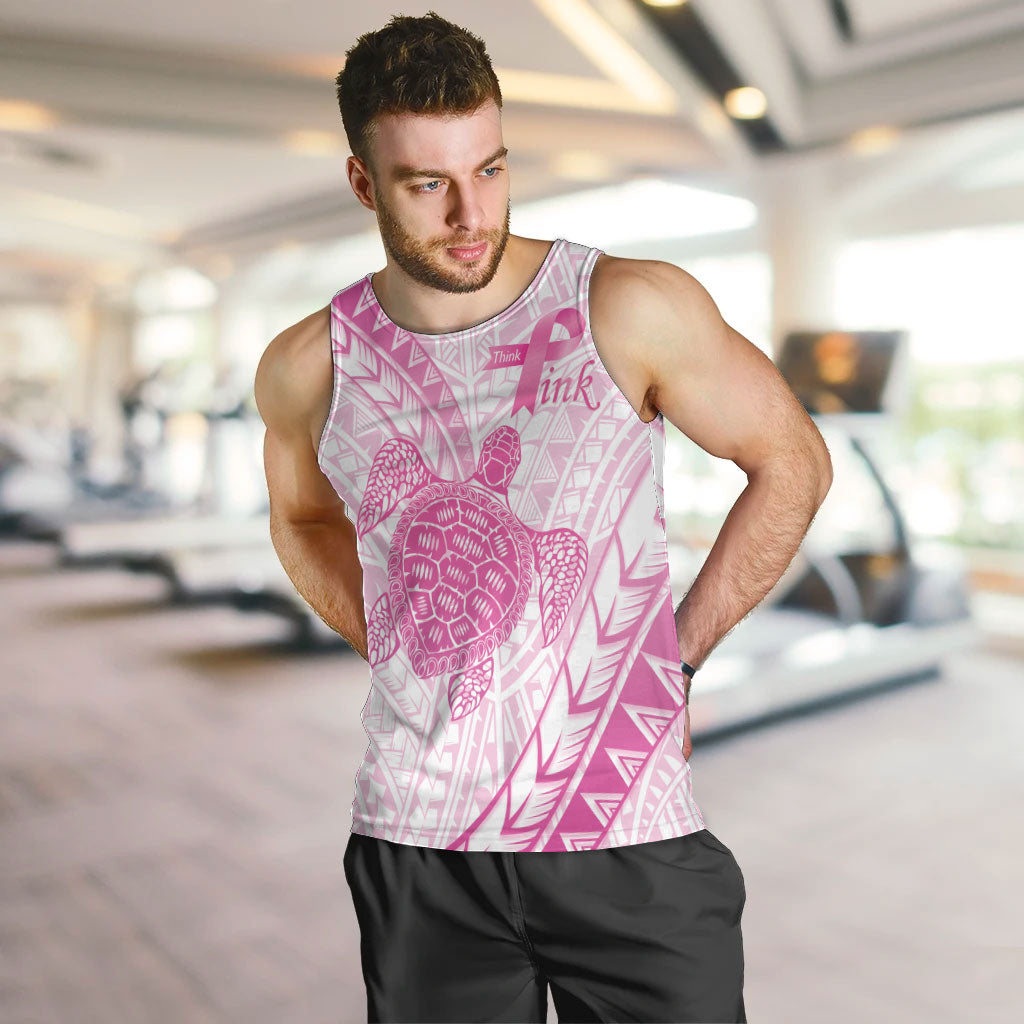 Breast Cancer Awareness Personalised Men Tank Top Pink Ribbon Turtle Polynesian Pattern White LT22 Pink - Polynesian Pride