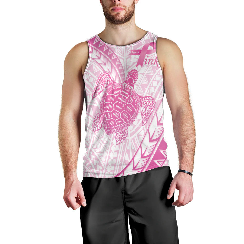Breast Cancer Awareness Personalised Men Tank Top Pink Ribbon Turtle Polynesian Pattern White LT22 - Polynesian Pride