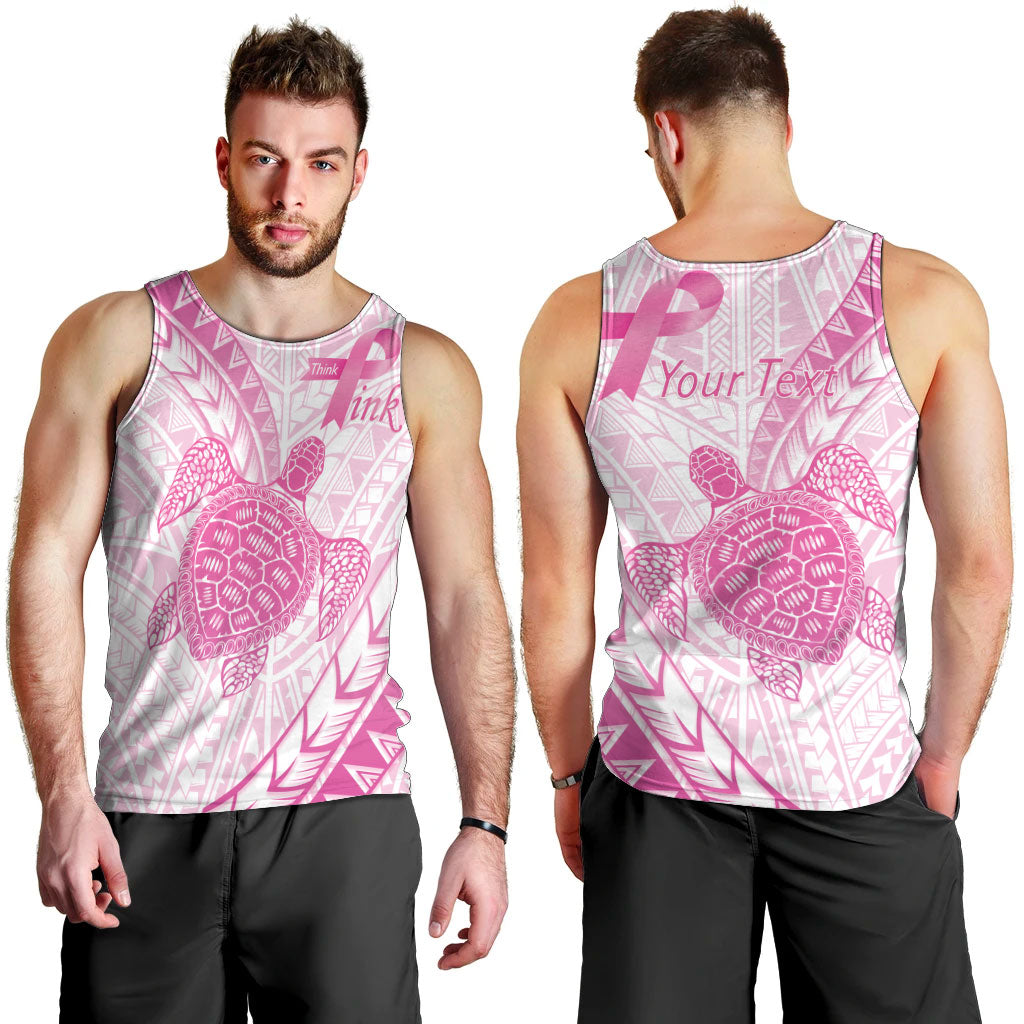 Breast Cancer Awareness Personalised Men Tank Top Pink Ribbon Turtle Polynesian Pattern White LT22 - Polynesian Pride