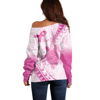 Breast Cancer Awareness Personalised Off Shoulder Sweater Pink Ribbon Turtle Polynesian Pattern White LT22 - Polynesian Pride
