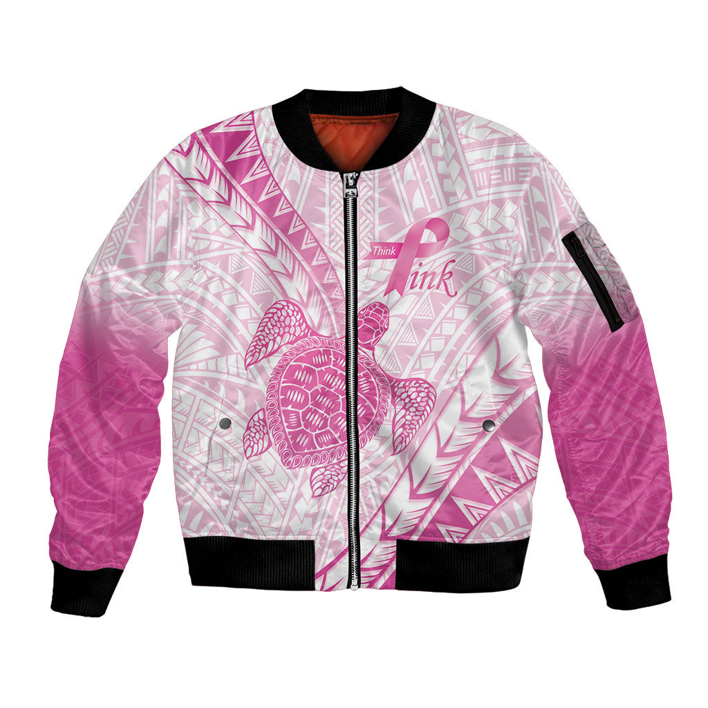 Breast Cancer Awareness Personalised Sleeve Zip Bomber Jacket Pink Ribbon Turtle Polynesian Pattern White LT22 Unisex Pink - Polynesian Pride