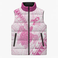 Breast Cancer Awareness Personalised Sleeveless Puffer Jacket Pink Ribbon Turtle Polynesian Pattern White LT22 Unisex Pink - Polynesian Pride