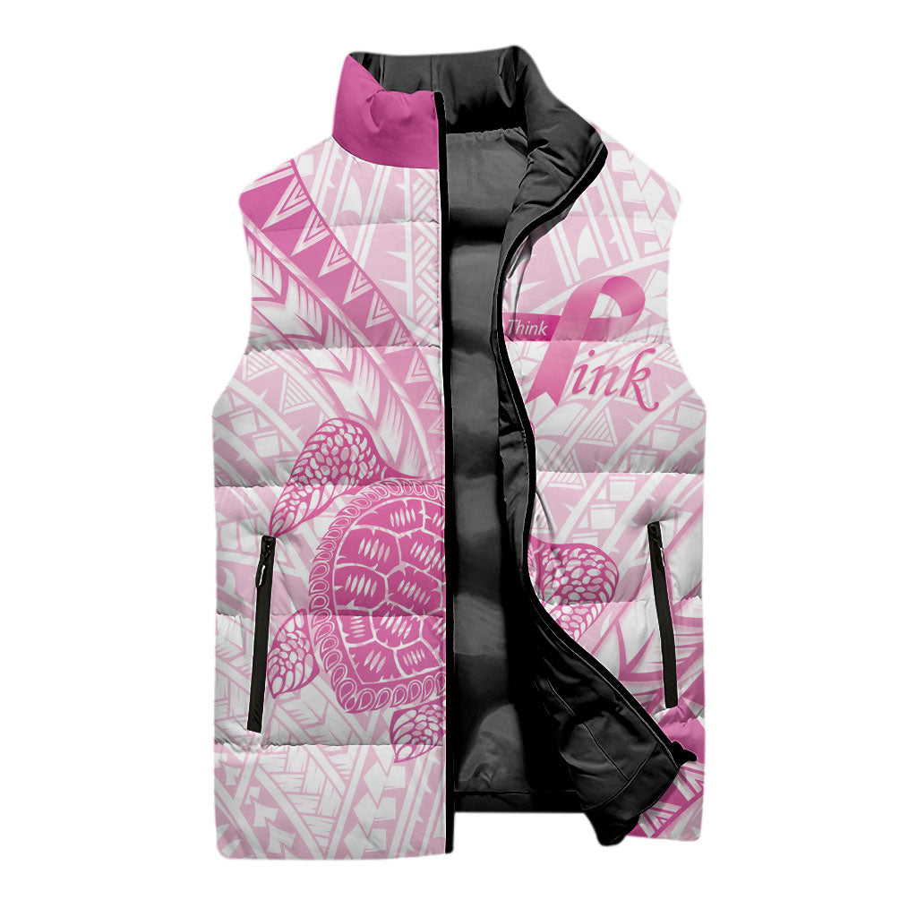 Breast Cancer Awareness Personalised Sleeveless Puffer Jacket Pink Ribbon Turtle Polynesian Pattern White LT22 - Polynesian Pride