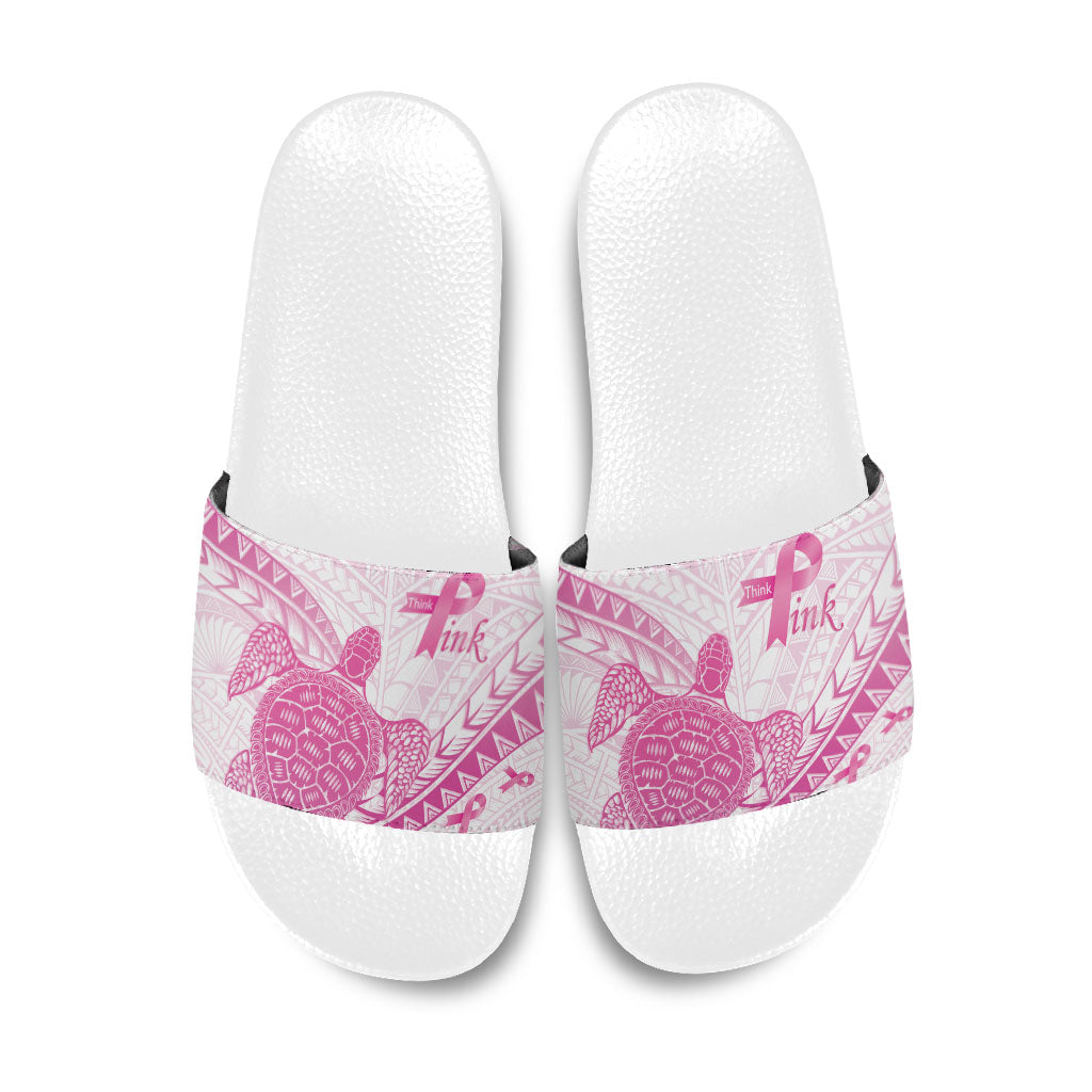 Breast Cancer Awareness Slide Sandals Pink Ribbon Turtle Polynesian Pattern White LT22 Pink - Polynesian Pride