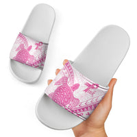 Breast Cancer Awareness Slide Sandals Pink Ribbon Turtle Polynesian Pattern White LT22 - Polynesian Pride