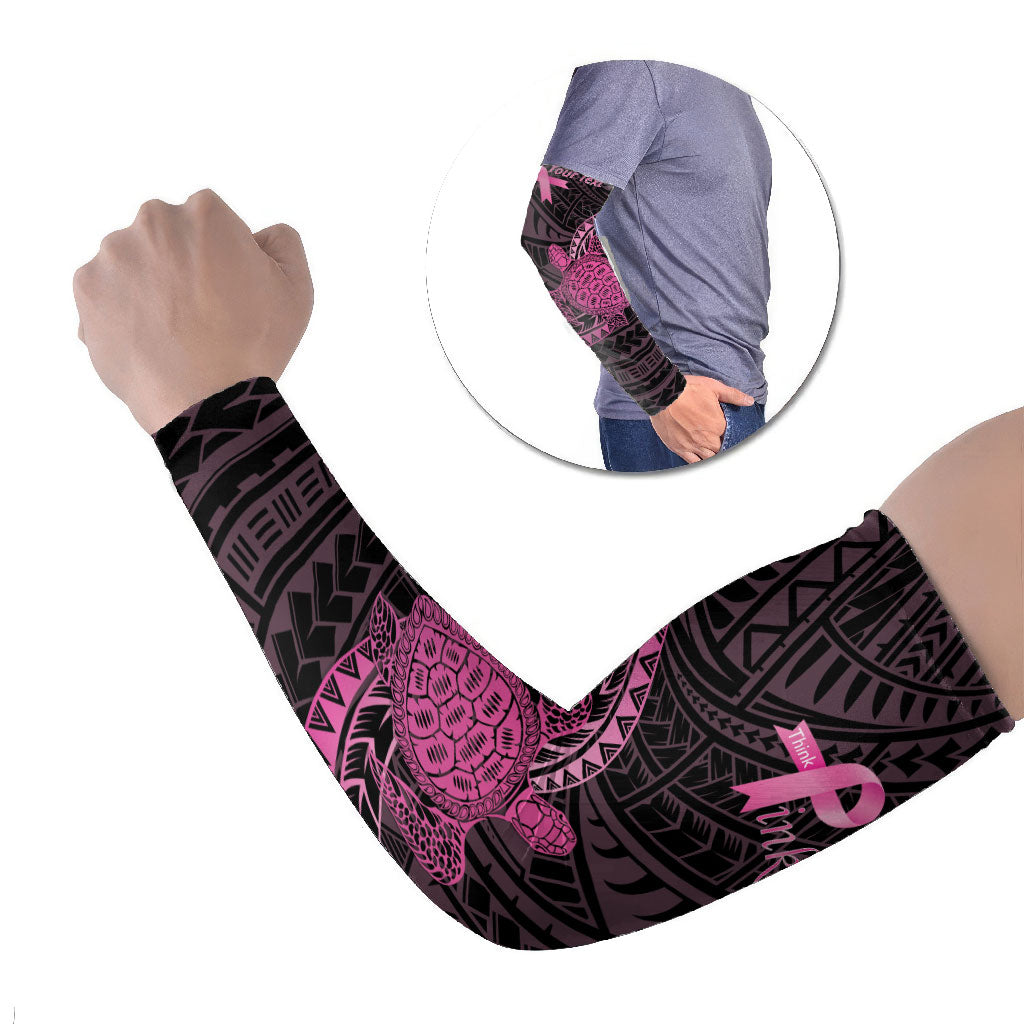 Breast Cancer Awareness Personalised Arm Sleeves Pink Ribbon Turtle Polynesian Pattern Black LT22 Set of 2 Pink - Polynesian Pride