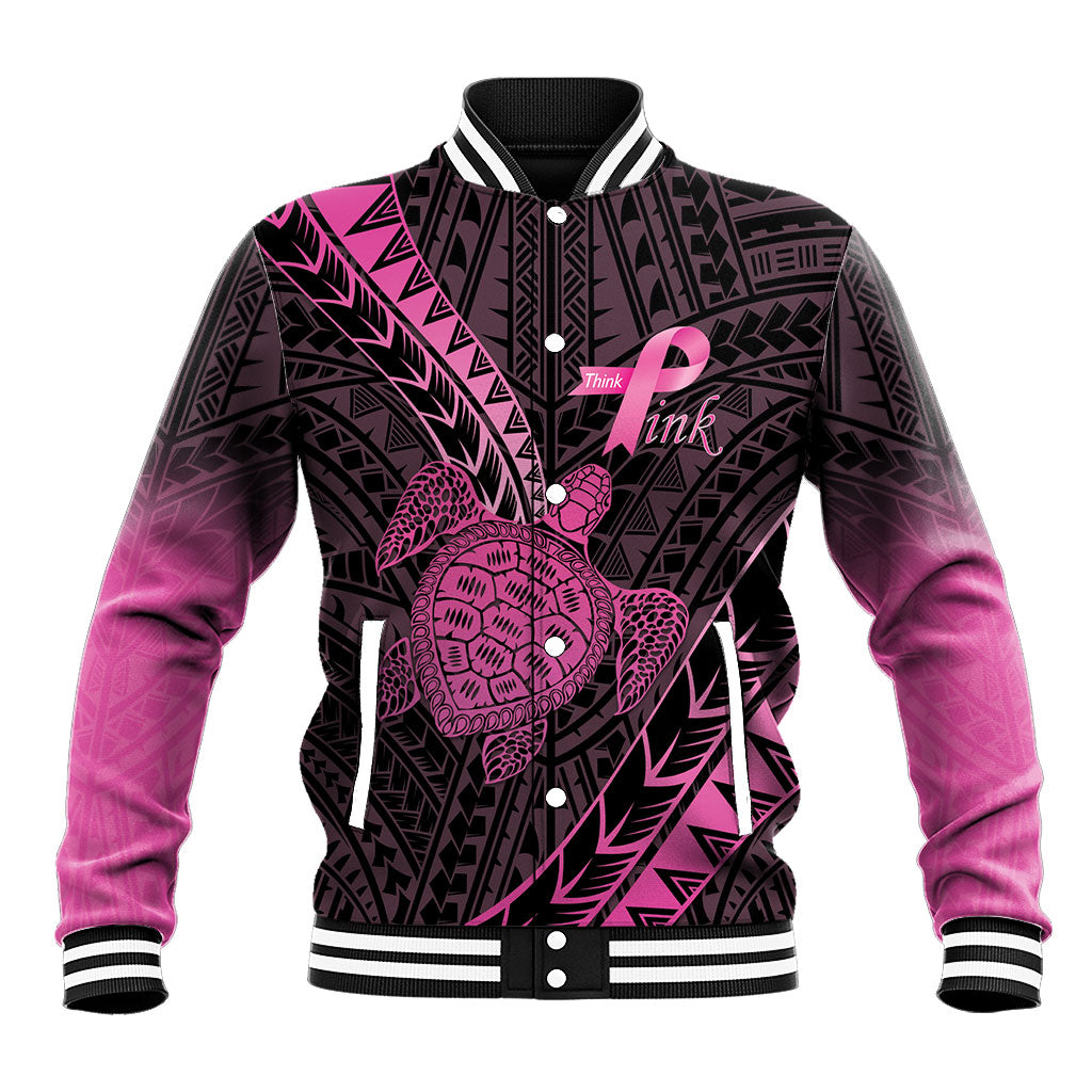 Breast Cancer Awareness Personalised Baseball Jacket Pink Ribbon Turtle Polynesian Pattern Black LT22 Unisex Pink - Polynesian Pride