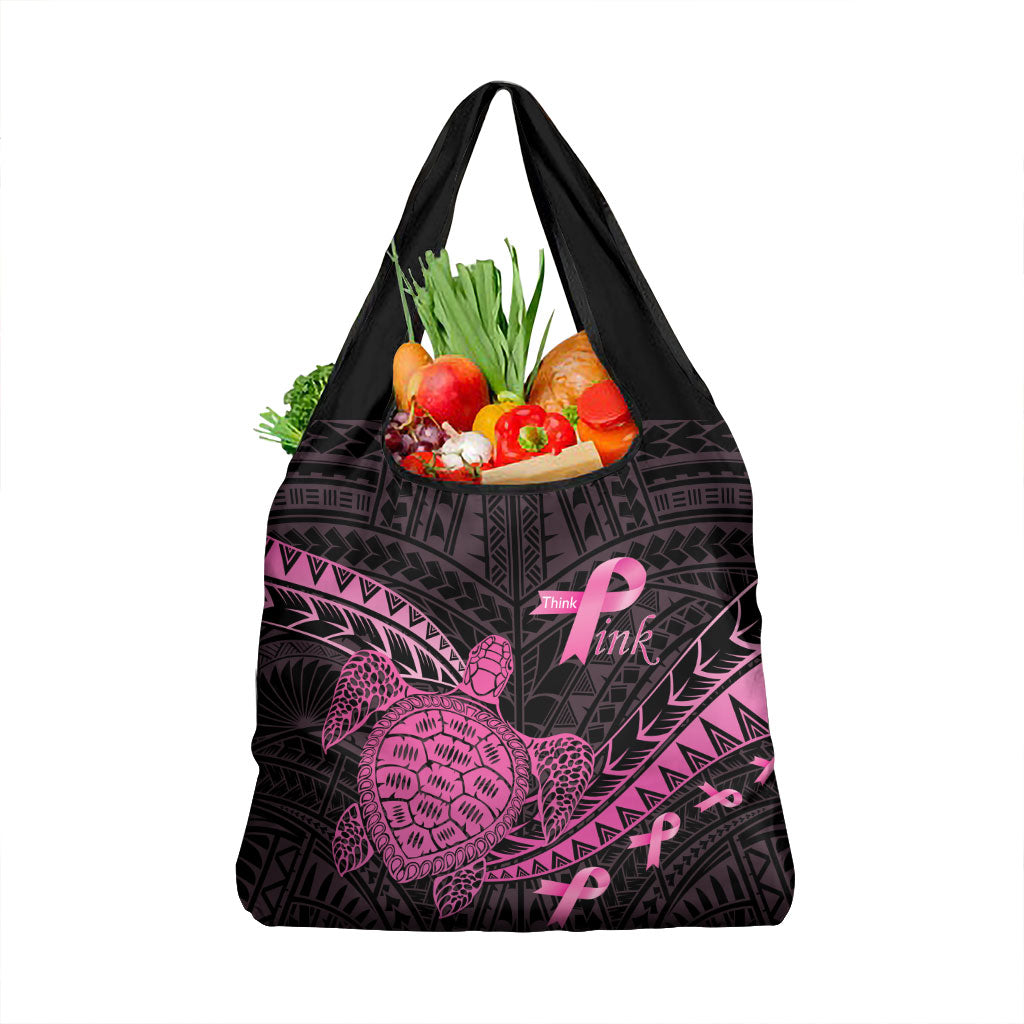 Breast Cancer Awareness Grocery Bag Pink Ribbon Turtle Polynesian Pattern Black LT22 1-pack One Size Pink - Polynesian Pride