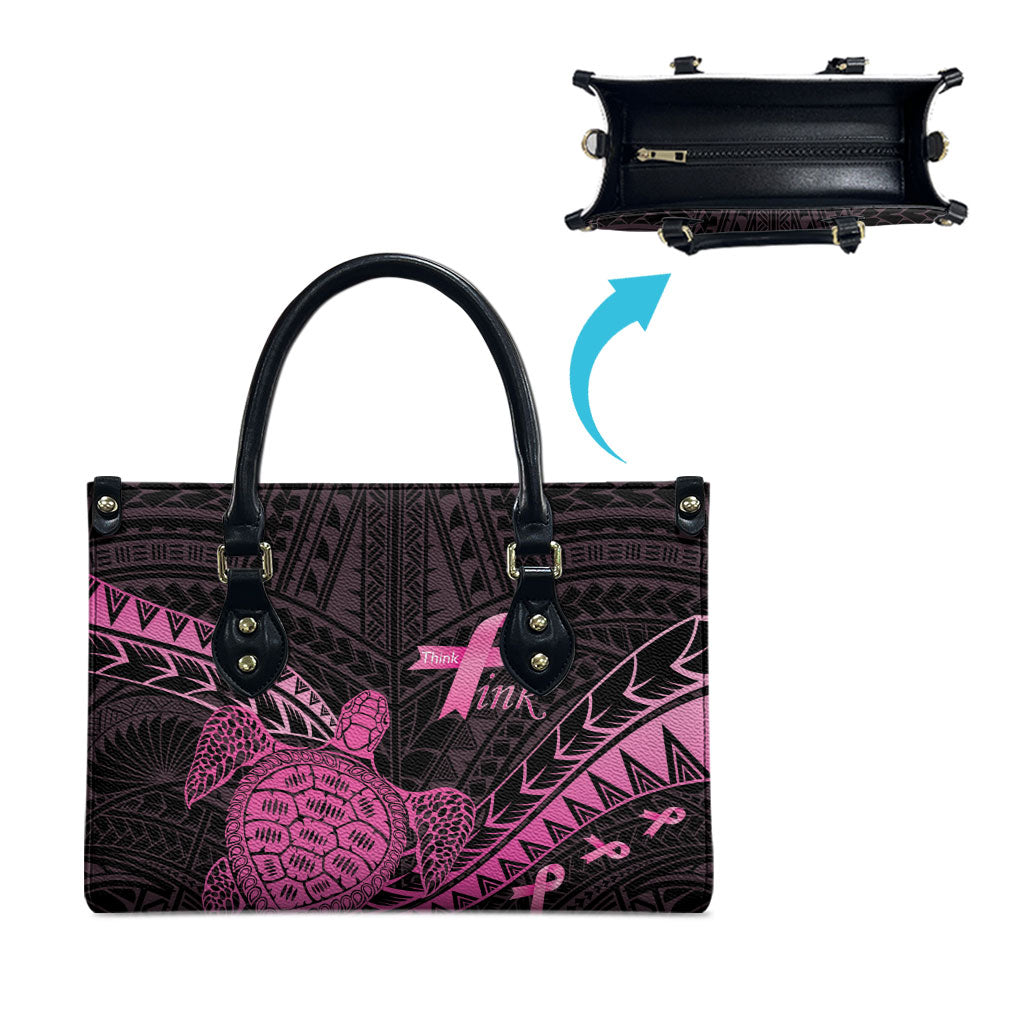 Breast Cancer Awareness Leather Bag Pink Ribbon Turtle Polynesian Pattern Black LT22 - Polynesian Pride
