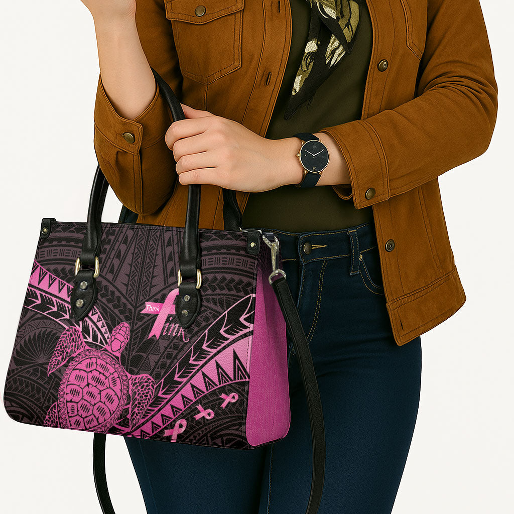 Breast Cancer Awareness Leather Bag Pink Ribbon Turtle Polynesian Pattern Black LT22 - Polynesian Pride