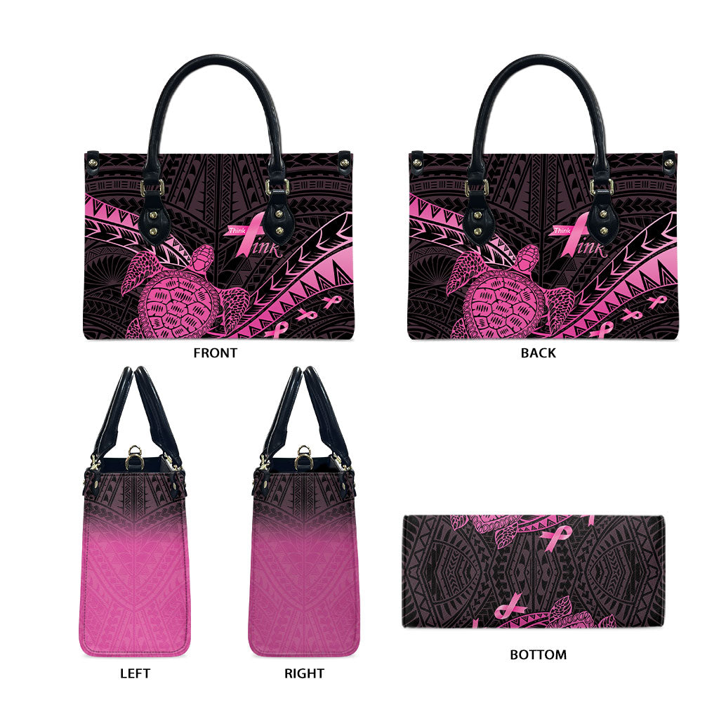 Breast Cancer Awareness Leather Bag Pink Ribbon Turtle Polynesian Pattern Black LT22 - Polynesian Pride