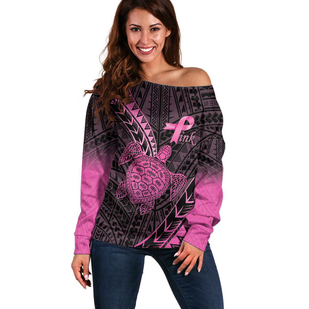 Breast Cancer Awareness Personalised Off Shoulder Sweater Pink Ribbon Turtle Polynesian Pattern Black LT22 Women Pink - Polynesian Pride