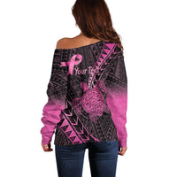 Breast Cancer Awareness Personalised Off Shoulder Sweater Pink Ribbon Turtle Polynesian Pattern Black LT22 - Polynesian Pride