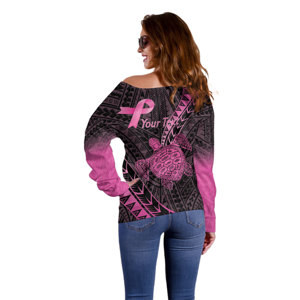 Breast Cancer Awareness Personalised Off Shoulder Sweater Pink Ribbon Turtle Polynesian Pattern Black LT22 - Polynesian Pride