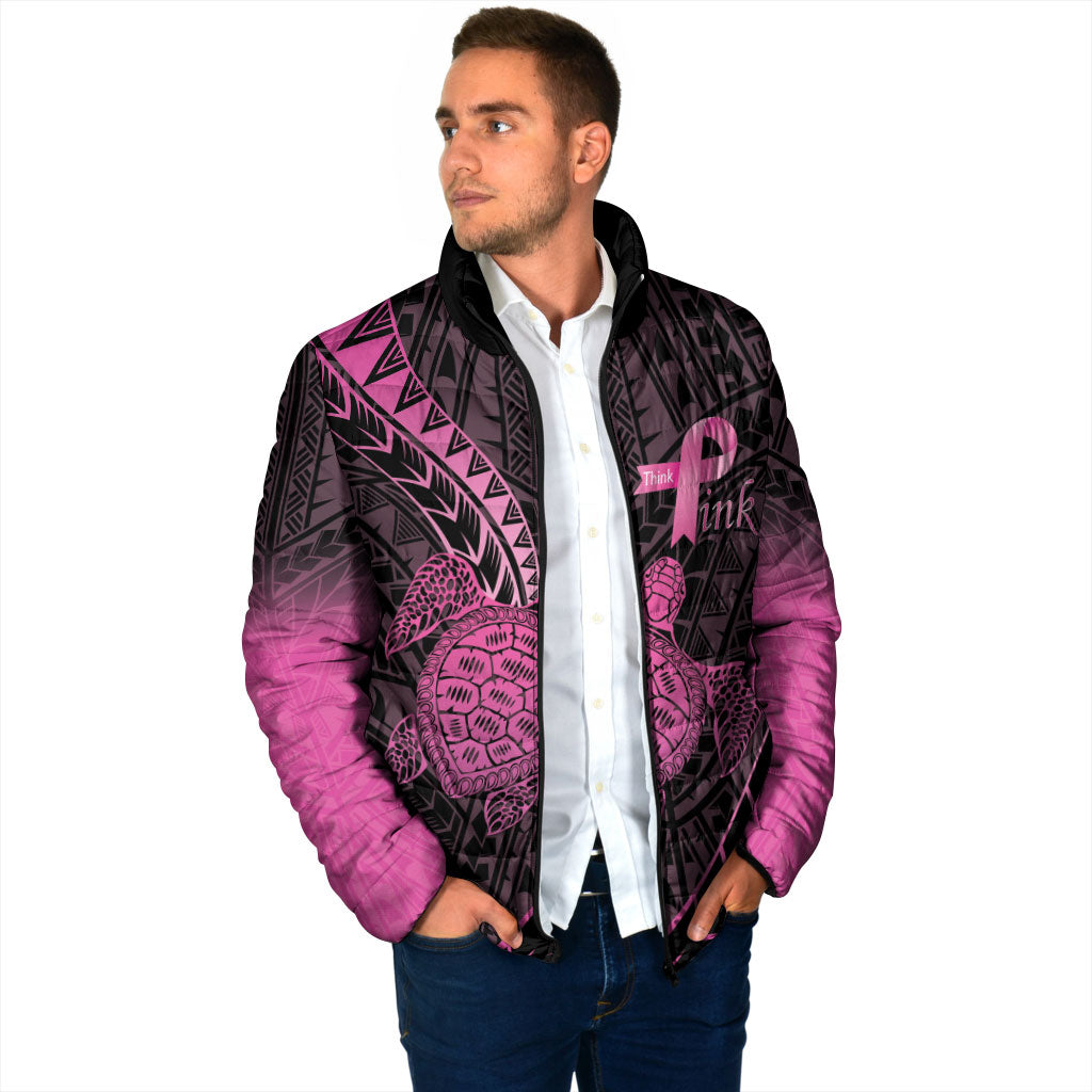 Breast Cancer Awareness Personalised Padded Jacket Pink Ribbon Turtle Polynesian Pattern Black LT22 - Polynesian Pride