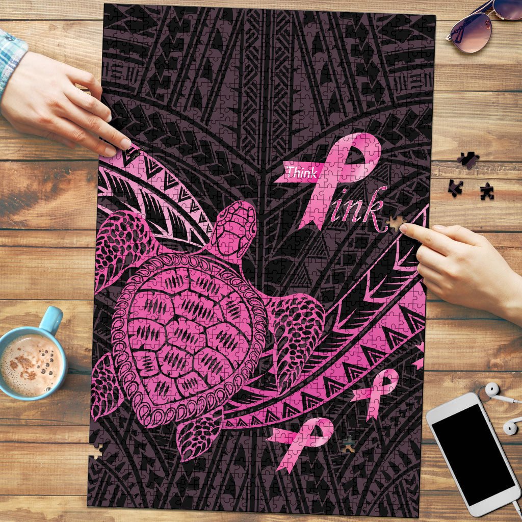 Breast Cancer Awareness Puzzle Pink Ribbon Turtle Polynesian Pattern Black LT22 Pink - Polynesian Pride