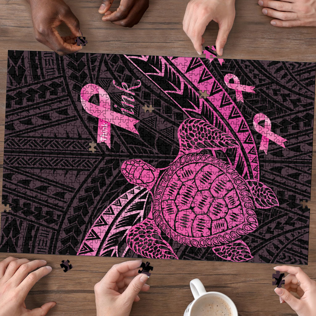 Breast Cancer Awareness Puzzle Pink Ribbon Turtle Polynesian Pattern Black LT22 - Polynesian Pride