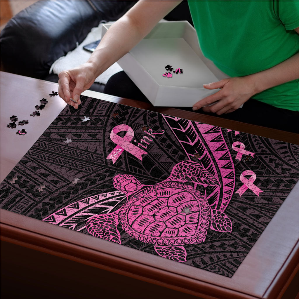 Breast Cancer Awareness Puzzle Pink Ribbon Turtle Polynesian Pattern Black LT22 - Polynesian Pride