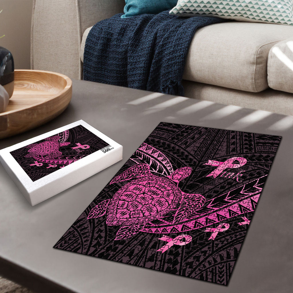 Breast Cancer Awareness Puzzle Pink Ribbon Turtle Polynesian Pattern Black LT22 - Polynesian Pride