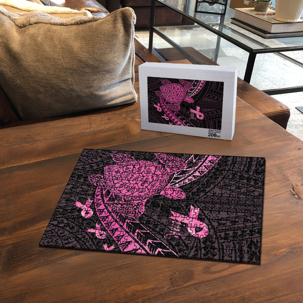 Breast Cancer Awareness Puzzle Pink Ribbon Turtle Polynesian Pattern Black LT22 - Polynesian Pride