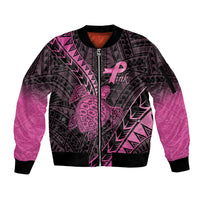 Breast Cancer Awareness Personalised Sleeve Zip Bomber Jacket Pink Ribbon Turtle Polynesian Pattern Black LT22 Unisex Pink - Polynesian Pride