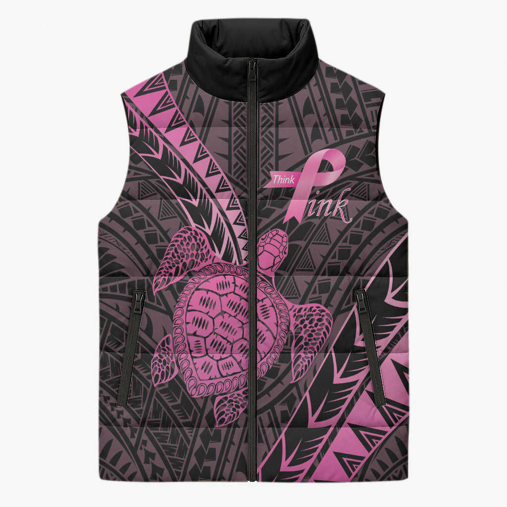 Breast Cancer Awareness Personalised Sleeveless Puffer Jacket Pink Ribbon Turtle Polynesian Pattern Black LT22 Unisex Pink - Polynesian Pride