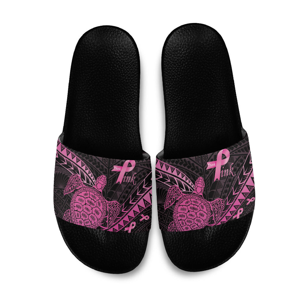 Breast Cancer Awareness Slide Sandals Pink Ribbon Turtle Polynesian Pattern Black LT22 Pink - Polynesian Pride
