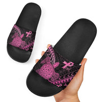 Breast Cancer Awareness Slide Sandals Pink Ribbon Turtle Polynesian Pattern Black LT22 - Polynesian Pride