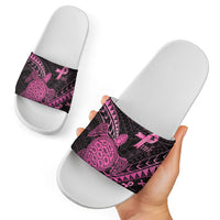 Breast Cancer Awareness Slide Sandals Pink Ribbon Turtle Polynesian Pattern Black LT22 - Polynesian Pride