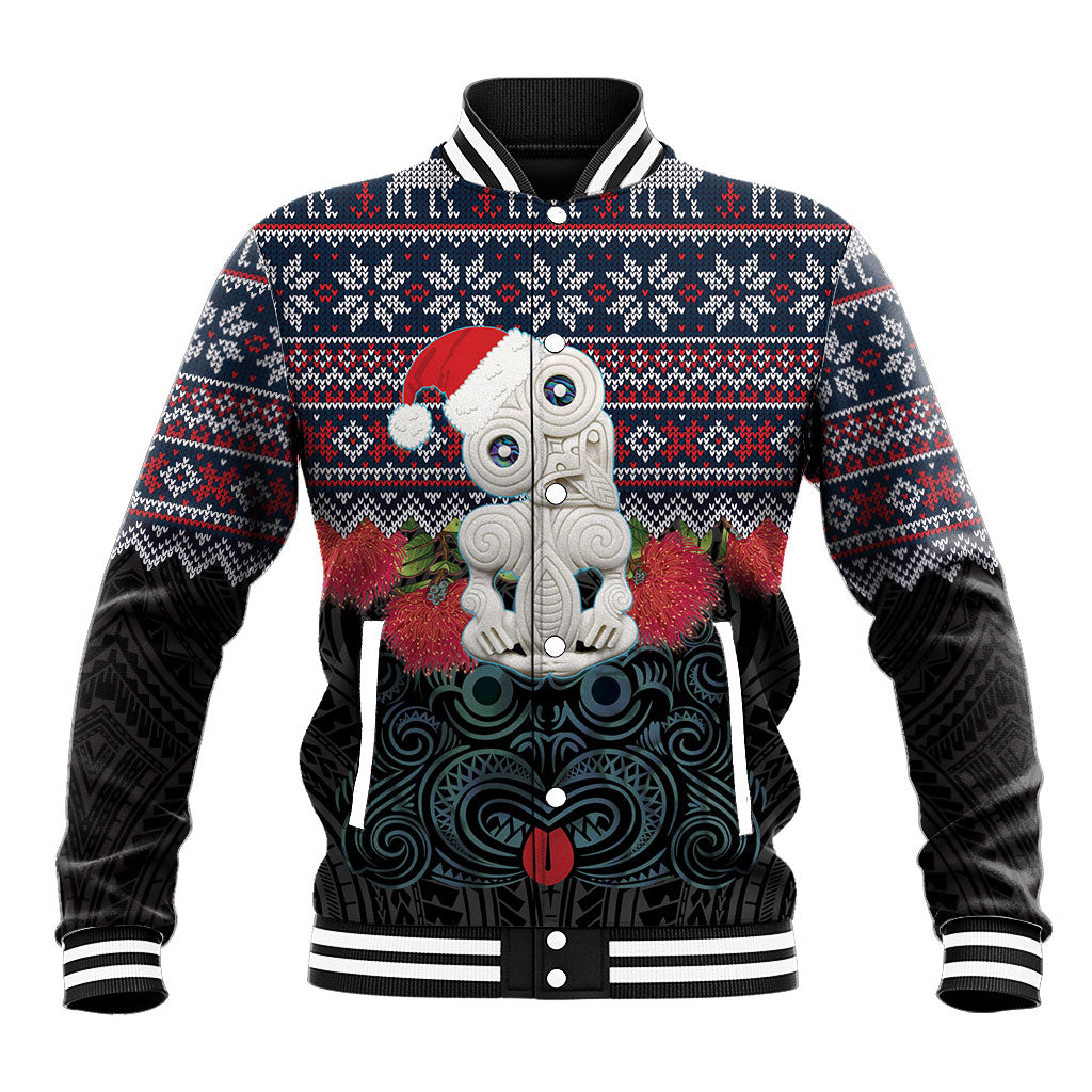 New Zealand Hei Tiki Christmas In July Baseball Jacket Pohutukawa Santa Xmas Polynesian Pattern LT22 Unisex Black - Polynesian Pride