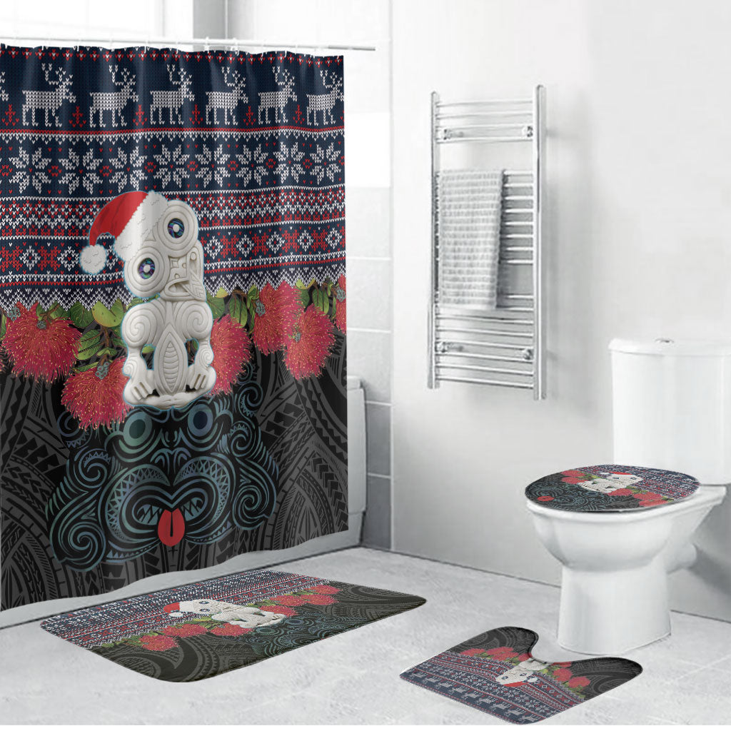 New Zealand Hei Tiki Christmas In July Bathroom Set Pohutukawa Santa Xmas Polynesian Pattern LT22 Bathroom Set (4 pcs) Black - Polynesian Pride
