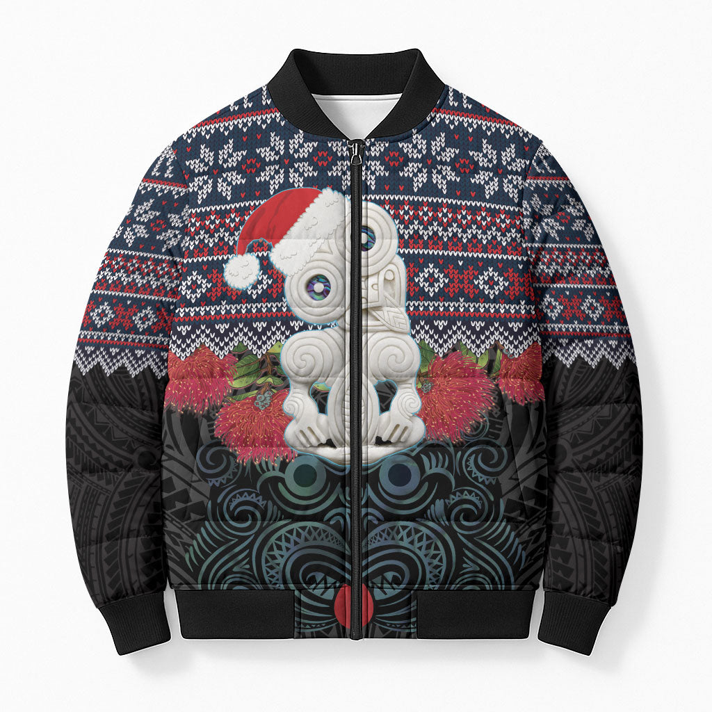 New Zealand Hei Tiki Christmas In July Bomber Puffer Jacket Pohutukawa Santa Xmas Polynesian Pattern LT22 Unisex Black - Polynesian Pride