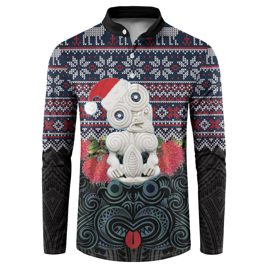 New Zealand Hei Tiki Christmas In July Button Sweatshirt Pohutukawa Santa Xmas Polynesian Pattern LT22 Black - Polynesian Pride