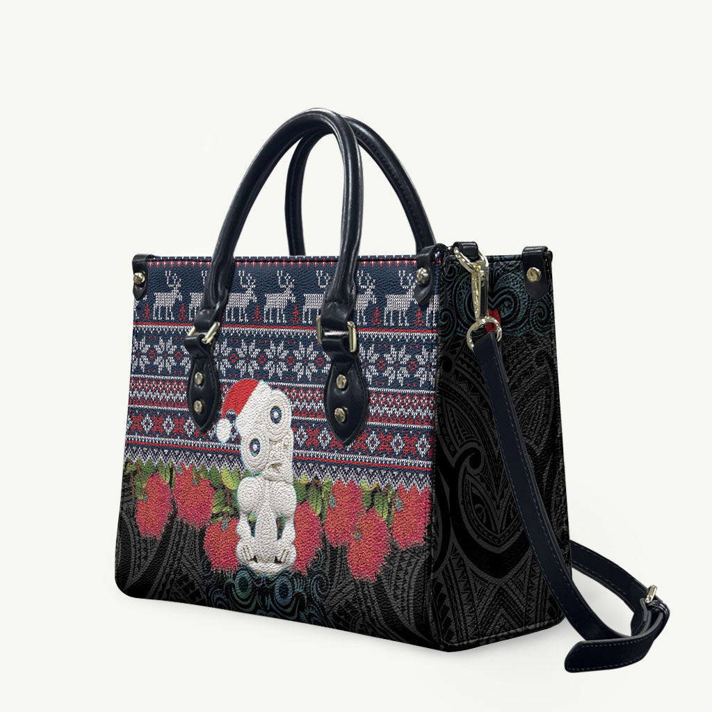 New Zealand Hei Tiki Christmas In July Leather Bag Pohutukawa Santa Xmas Polynesian Pattern LT22 Black - Polynesian Pride