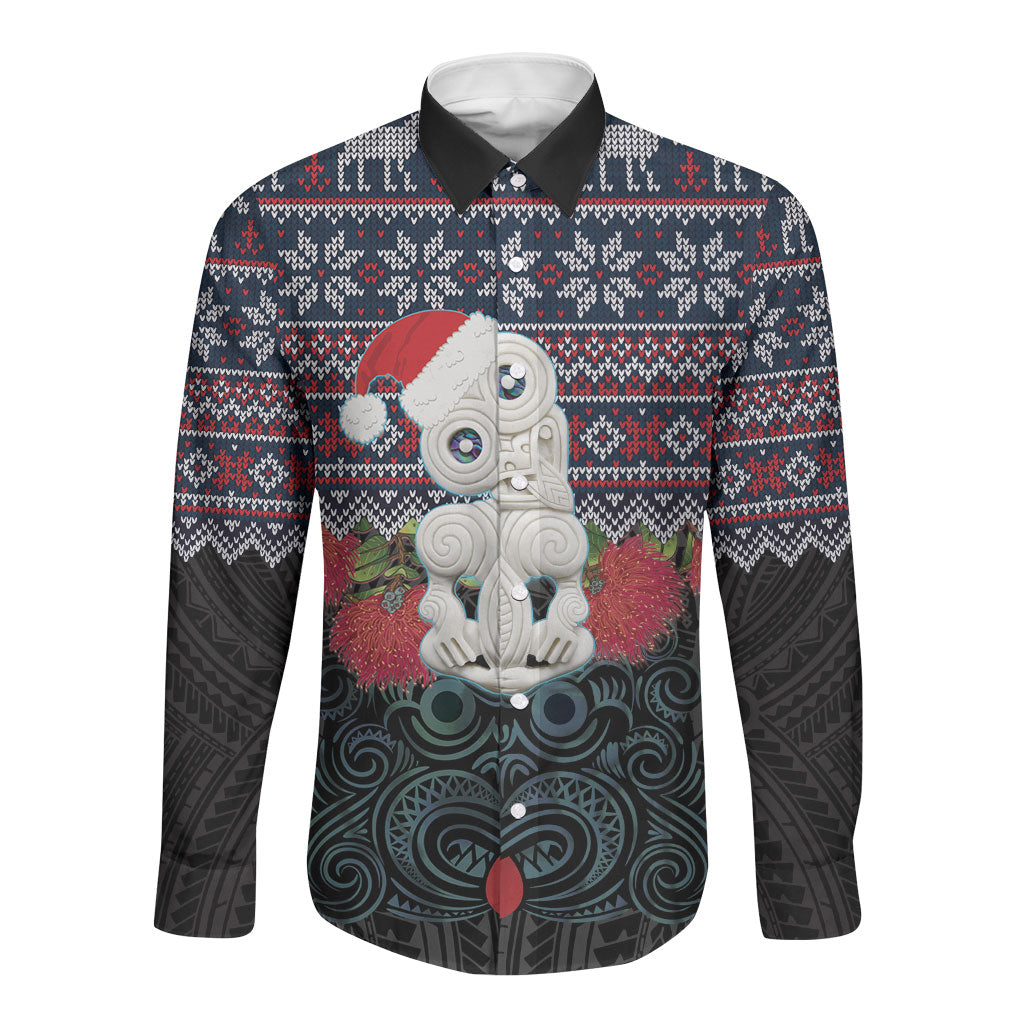 New Zealand Hei Tiki Christmas In July Long Sleeve Button Shirt Pohutukawa Santa Xmas Polynesian Pattern LT22 Unisex Black - Polynesian Pride