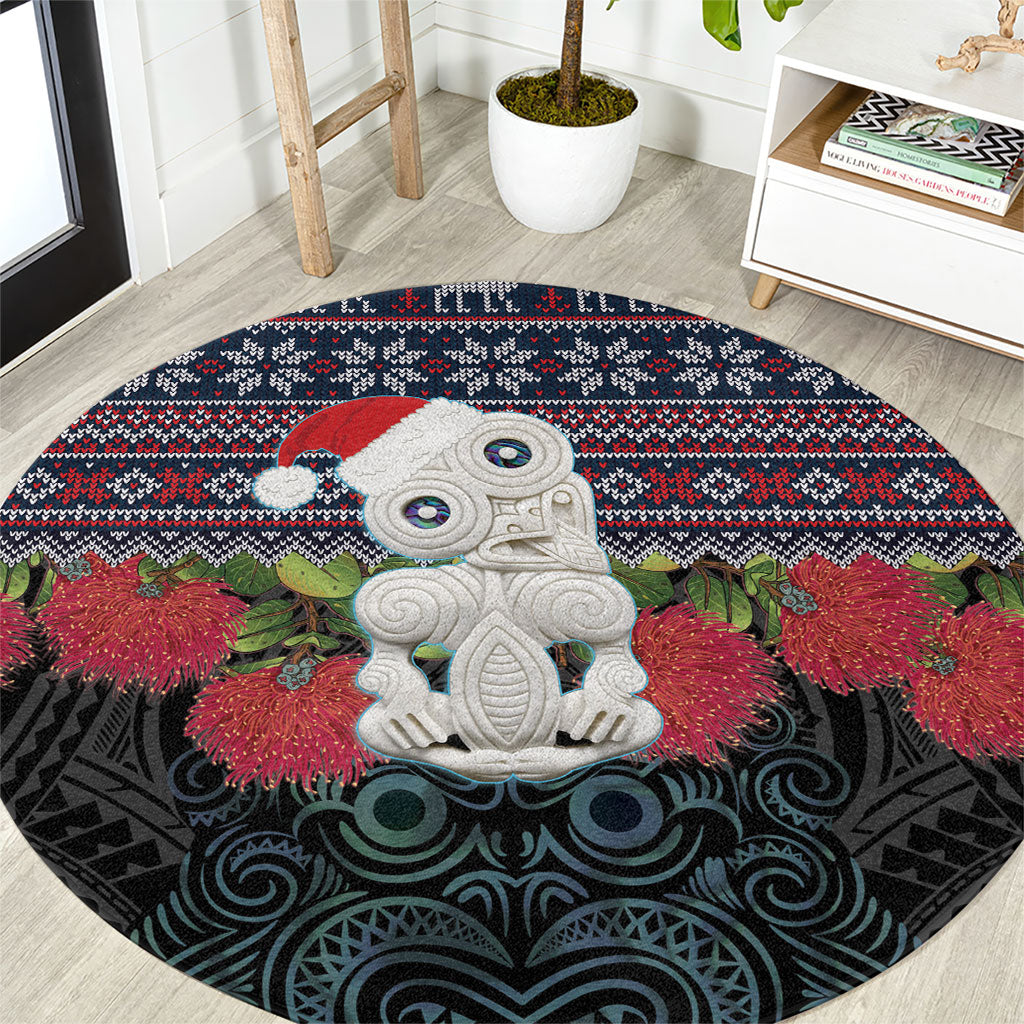 New Zealand Hei Tiki Christmas In July Round Carpet Pohutukawa Santa Xmas Polynesian Pattern LT22 Black - Polynesian Pride