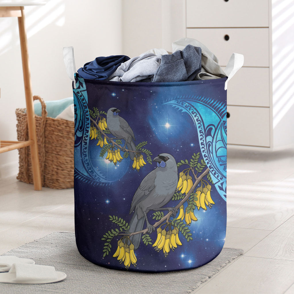 New Zealand Kokako Bird Laundry Basket Kowhai Galaxy Style Polynesian Pattern LT22 Blue - Polynesian Pride